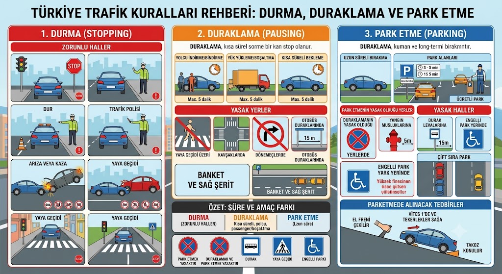 Durma, Duraklama ve Park Etme Kuralları: Farklar ve Yasak Yerler